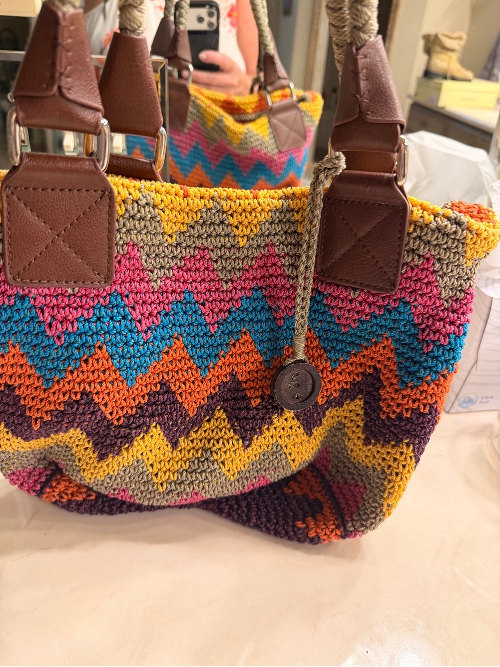 The Sak Multicolor Zigzag Crochet Tote with Brown Handles